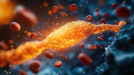 Poster - A vibrant abstract illustration of glowing particles and cells, symbolizing dynamic life and energy in a captivating environment.