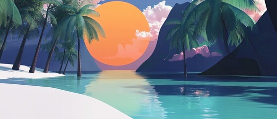 3D render of a tranquil beach scene with crystal-clear water and tropical palm trees under a bright sun