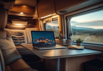 Poster - A laptop on a desk in a modern motorhome, interior view, with a beautiful landscape visible outside the window. Cinematic lighting enhances the scene.