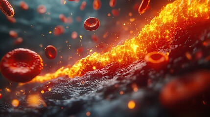 Poster - A vibrant flow of lava contrasted with floating blood cells, creating a striking visual representation of life and nature's power.