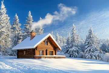 Sticker - Snowy Cabin in a Winter Forest with Smoke Rising from Chimney