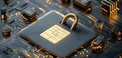 Poster - Close-up of a secure microchip with a lock, representing advanced technology and data protection in a digital world.