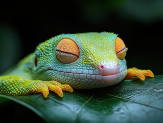 Wall Mural - A green gecko with closed eyes rests on a large green leaf.