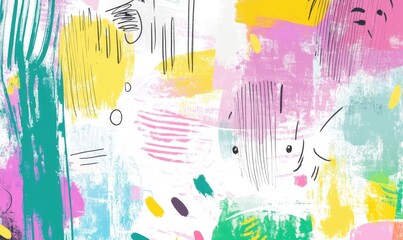 Line art illustration featuring contemporary art background with pencil strokes in retro style doodles of children and a vibrant color palette including green pink blue yellow white purple and gre