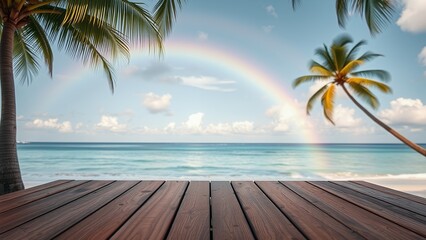 Wall Mural - Wooden planks overlooking a tropical beach with a rainbow in the sky.