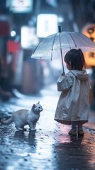 Poster - A little girl standing in the rain with an umbrella next to a white cat