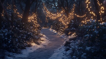 Sticker - A path in the woods covered in christmas lights