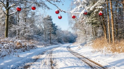 Sticker - A snowy road with red ornaments hanging from it