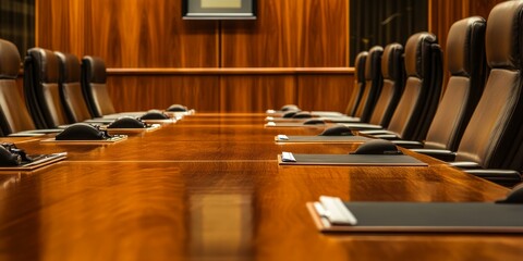 Empty conference table with leather chairs.