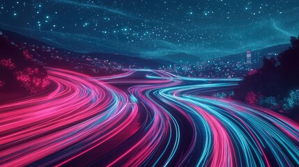 Poster - Line art illustration depicting communication management technology through light trails showcasing streaming data and long exposure effects