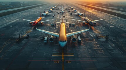 An usually bustling aerodrome stands silent, idle planes parked in neat rows, manifesting the challenging times for aviation.