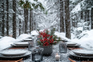 Wall Mural - A Snow-Covered Table Setting in a Snowy Forest