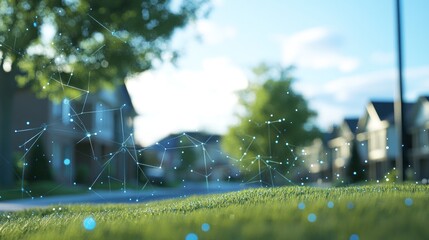 Abstract Network Over Green Grass and Houses