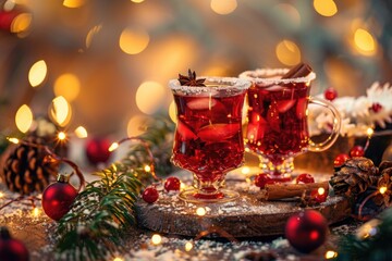 Festive Holiday Mulled Wine with Spices and Decorative Lights