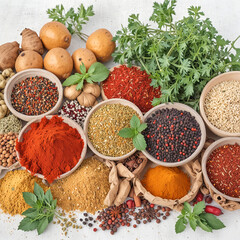 traditional spices and fresh produce, on natural background.