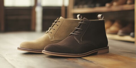 Two suede boots in brown and tan tones.