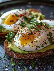 Poached eggs on avocado toast with spices
