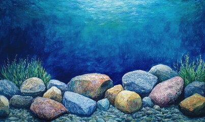 Oil painting depicting a scenic view of stones in a vibrant blue sea showcasing the beauty of an underwater park environment