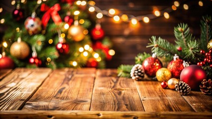 Empty wooden table with Christmas decorations in the background, festive, holiday, celebration, rustic, wooden, table