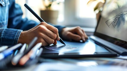 Poster - A designer uses a stylus to draw on a digital drawing tablet, with a laptop and a stack of art supplies in the foreground.