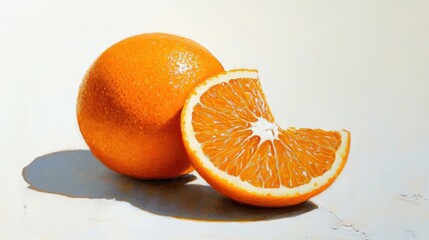 Wall Mural - Oil painting depicting an orange on a white backdrop showcasing the vibrant color and texture of the fruit