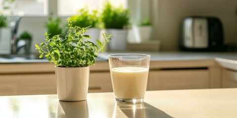 Wall Mural - A plant, a glass of milk, and a kitchen countertop.