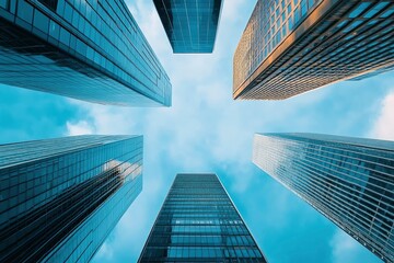 Looking Up modern high-rise office buildings with blue sky in the background , ai