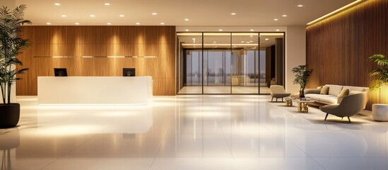 Wall Mural - Modern Lobby Interior with Wooden Walls and a White Reception Desk