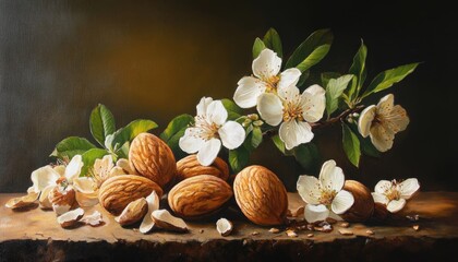 Wall Mural - Oil painting depicting almonds and their health benefits