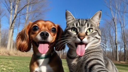 Wall Mural - Funny selfie photo of dog and cat friends posing merrily in front of the camera