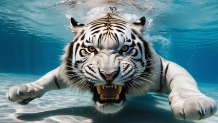 Poster - A large white tiger with an open mouth underwater