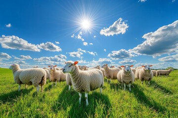 Large herd of sheep peacefully grazing on lush green field under a bright blue sky. Flock of sheep