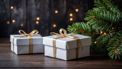 Empty white Greeting card mockup with Christmas gift boxes and fir tree branches on dark wooden background