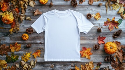 White t-shirt laid flat on a rustic wooden surface with autumn leaves and pumpkins