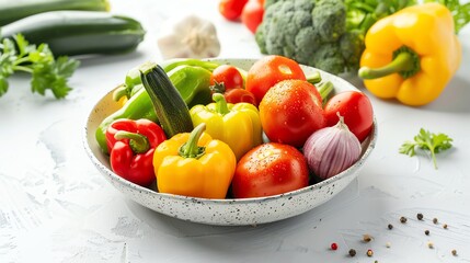 Wall Mural - A bowl of fresh vegetables, including tomatoes, peppers, and zucchini.