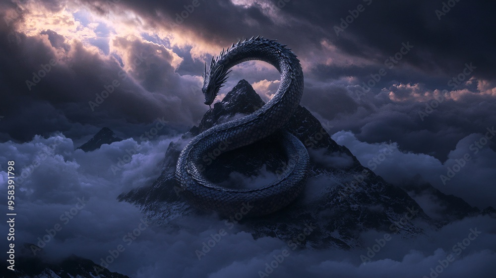 Majestic silver dragon coiling around a mountain peak amidst dark storm ...