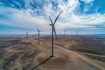 Wind turbines standing tall in a vast, barren landscape under cl