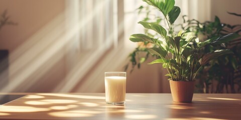 Poster - Glass of milk and potted plant on table.