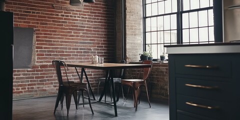 Poster - Industrial dining area with brick walls and window.