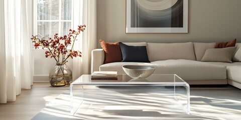 Canvas Print - White couch, glass coffee table, sunlight, and a vase of