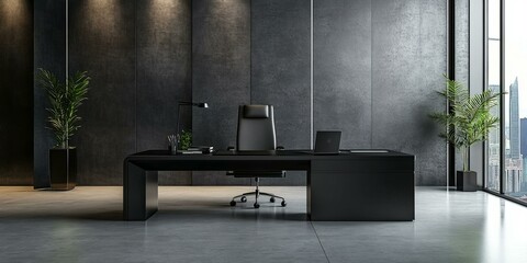 Wall Mural - Modern office with black desk, chair, and plants.