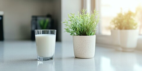 Poster - A glass of milk and a potted plant on a