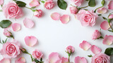 Zbliżenie na rozkwitające różowe róże, które leżą na białym stole. Płatki kwiatów są rozłożone w estetyczny sposób, tworząc wyrafinowaną kompozycję.