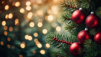 Fir tree branches with red Christmas balls frame 