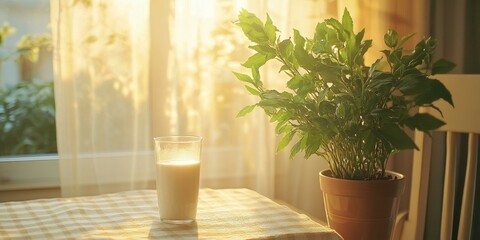 A glass of milk on a checkered tablecloth near a