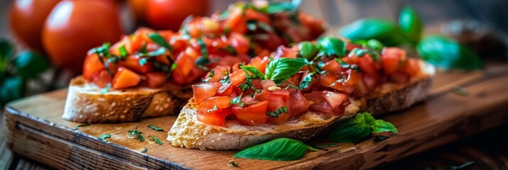 Delicious Italian Bruschetta With Tomatoes, Basil On Toasted Bread On Wooden Background.