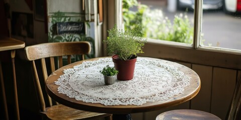 Canvas Print - Two plants on a table with lace tablecloth.