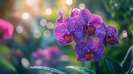 Canvas Print - Purple Orchid Bloom with Dew Drops in a Garden