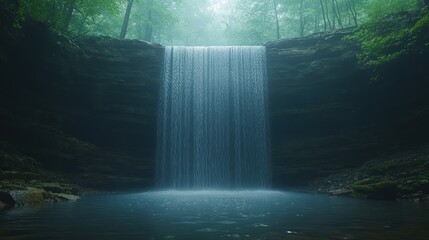 Poster - Waterfall in a Misty Forest