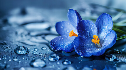 Spring flowers of blue crocuses in drops of water on the background of tracks of rain drops